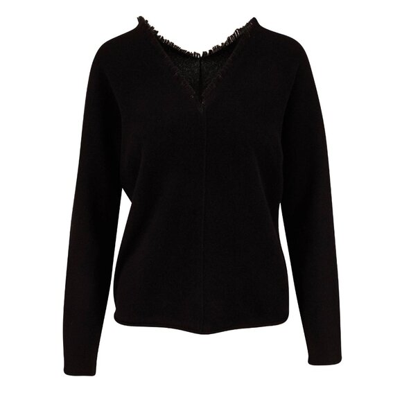 Vince Boiled Cashmere Fringe V Neck XL Black - Picture 7 of 12